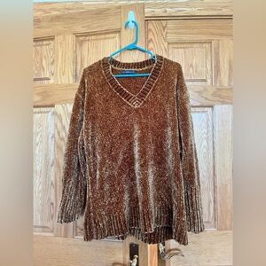 Zara Knit - Oversized Brown Chenille V-Neck Sweater